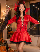 Devil queen Halloween costume dress in red with horn headpiece, black lacing, and trident