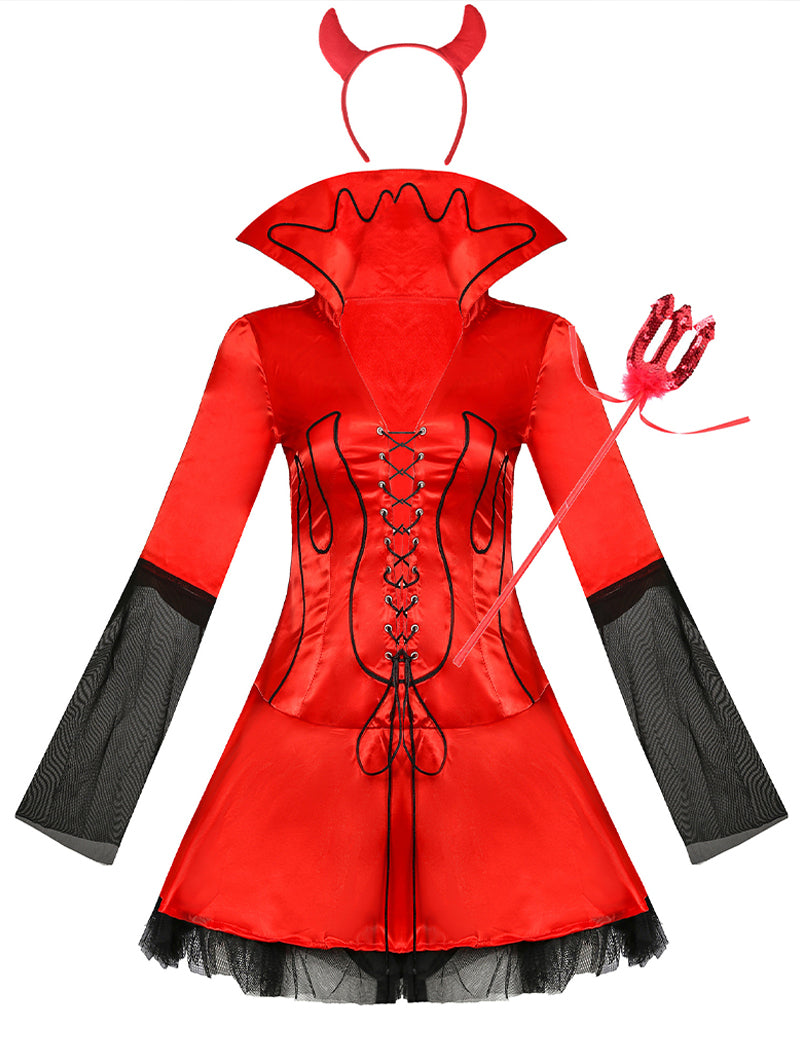 Devil queen Halloween costume dress, red with corset lacing, black mesh sleeves, and horn headpiece