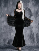 Gothic Lace Bell Sleeve Velvet Mermaid Dress - Black