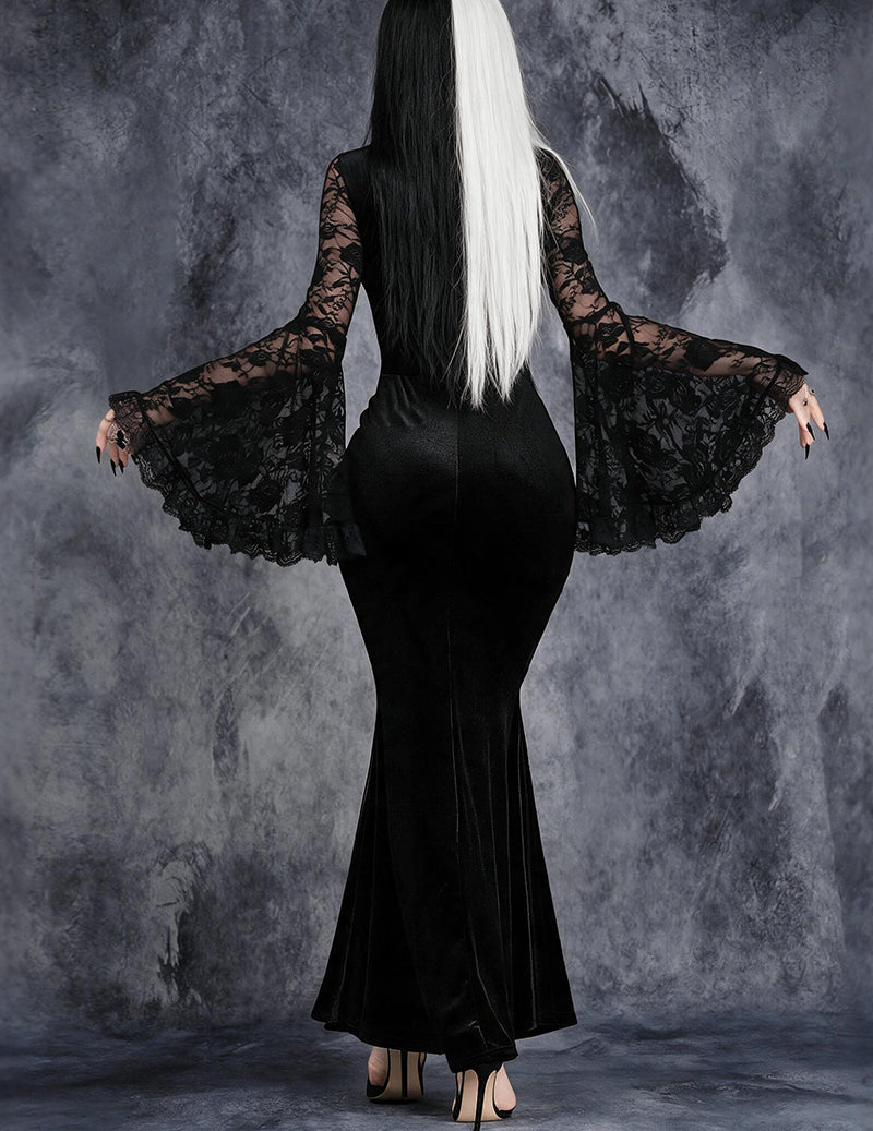 Gothic Lace Bell Sleeve Velvet Mermaid Dress - Black