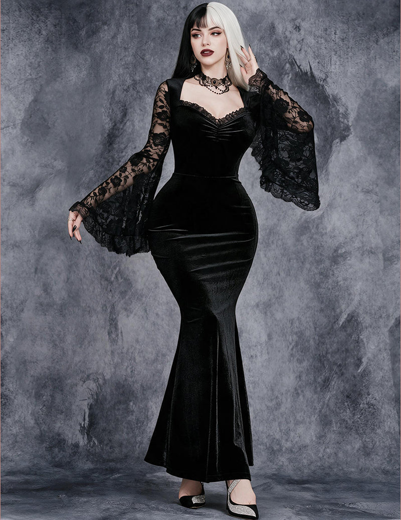 Gothic Lace Bell Sleeve Velvet Mermaid Dress - Black