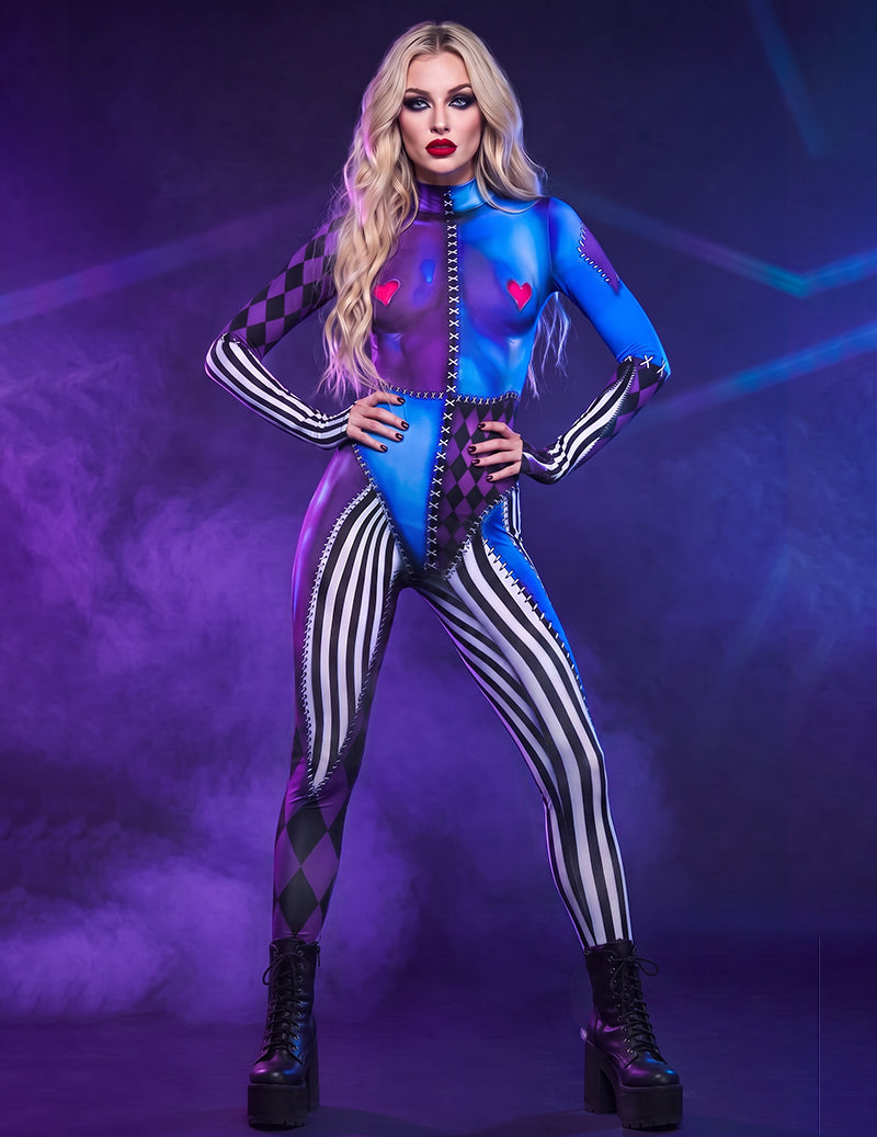 Blue skeleton-print zipper bodysuit, long sleeves, striped leg panels