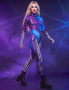 Blue skeleton-print zipper bodysuit with heart chest detail and striped sleeves