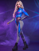 Blue skeleton-print catsuit with long sleeves, heart accents, striped side panels