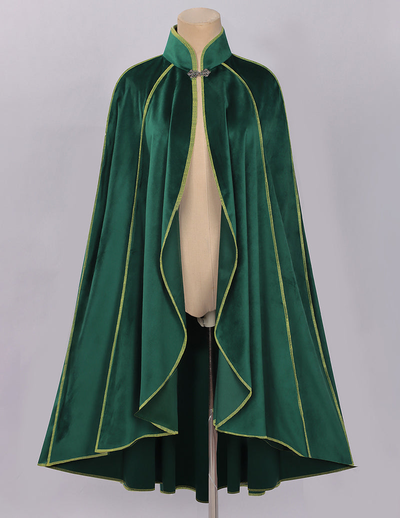 Green velvet cloak cape with gold trim, front button clasp, and flowing cape panels