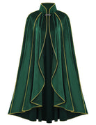 Green velvet cloak cape with gold piping and V-shaped front drape, button closure at neck