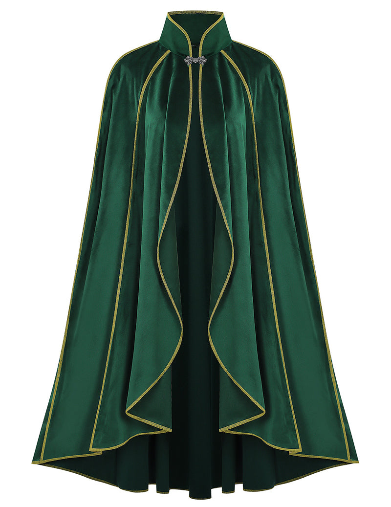 Green velvet cloak cape with gold piping and V-shaped front drape, button closure at neck