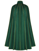 Green velvet cloak cape with gold-trim vertical lines and pleated full back panel