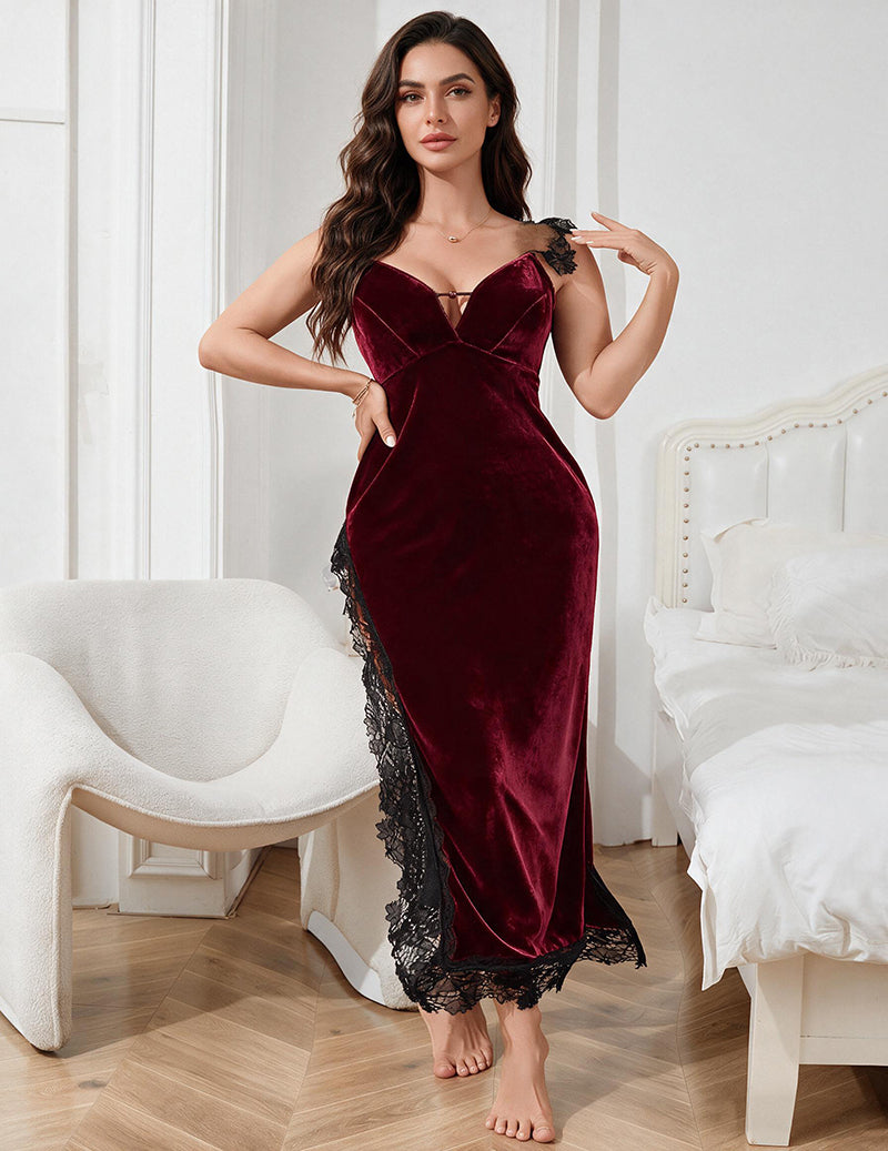 Velvet Sweetheart Lace Trim Slit Maxi Nightgown - Wine Red