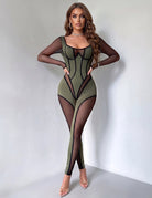 Green sheer mesh jumpsuit with stripe trim, long sleeves, bodycon fit.