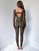 Green sheer mesh jumpsuit, back view with V-neck and stripe trim, long sleeves.