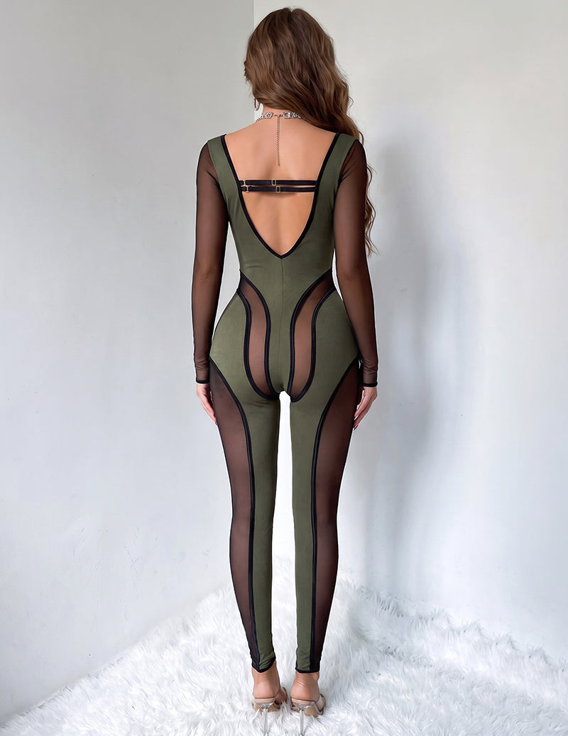 Sheer Mesh Panel Stripe Trim Bodycon Jumpsuit - Green