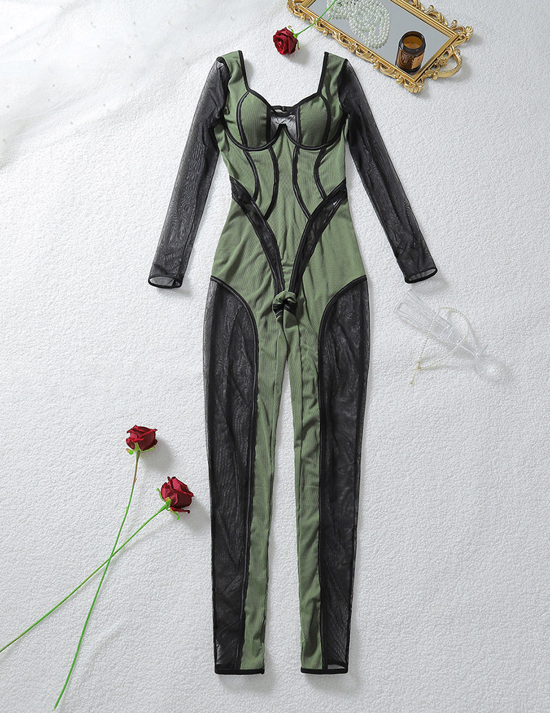 Sheer Mesh Panel Stripe Trim Bodycon Jumpsuit - Green