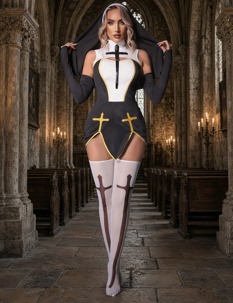 Sexy Nun Costume 4-Piece Set with Hooded Veil, Gloves and Cross Stockings