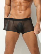 Men's ice-silk seamless boxer briefs, black, sheer mesh look, no-seam waistband