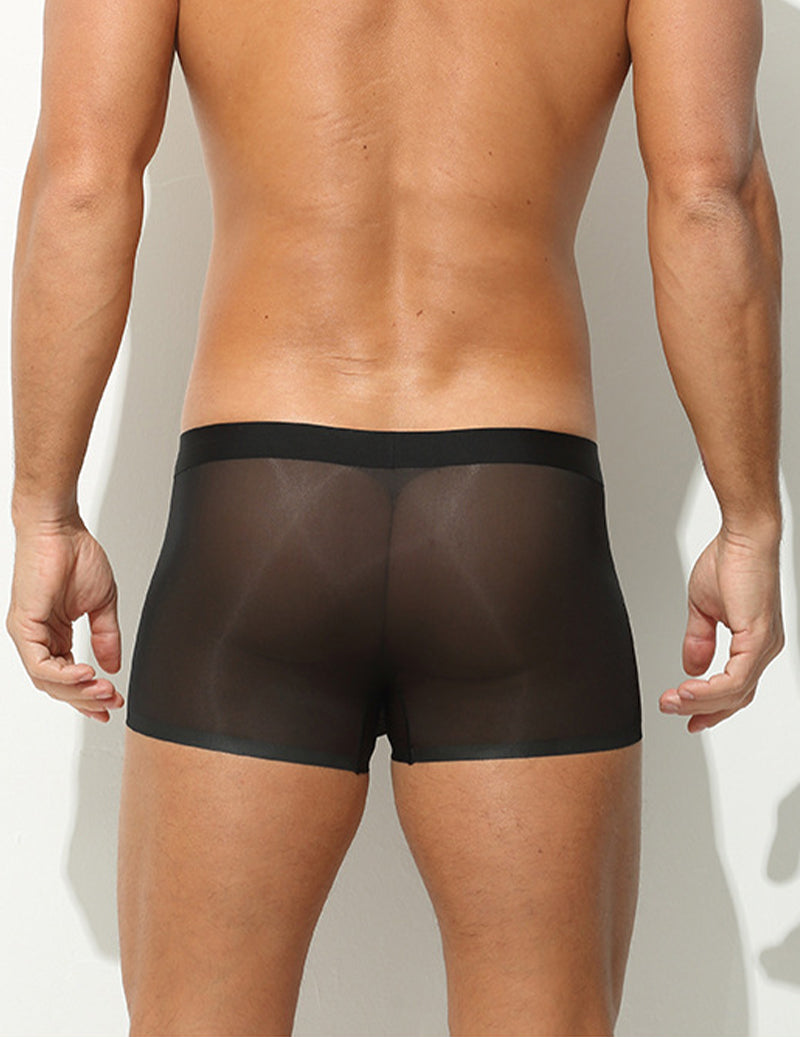 Men's ice-silk seamless boxer briefs, black, front view, wide no-seam waistband