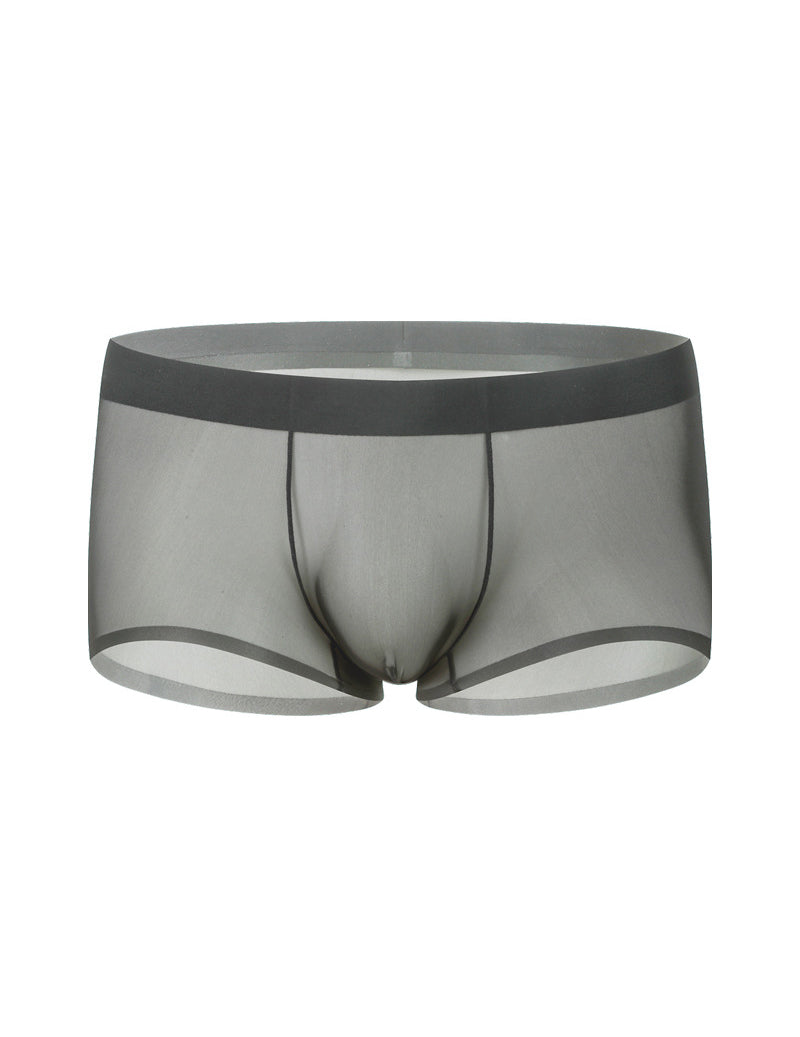 Men's ice-silk seamless boxer briefs, light gray, front view, sheer mesh panel