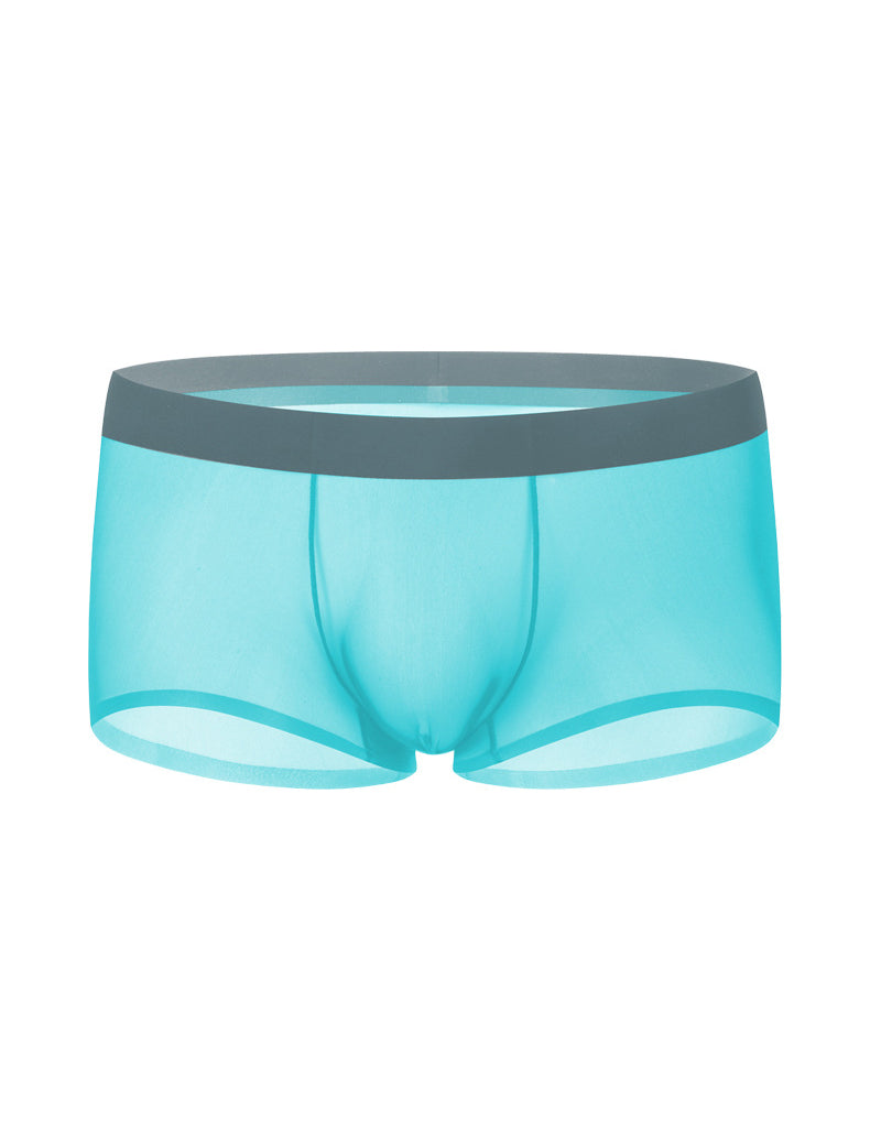 Men's ice-silk seamless boxer briefs, lake blue, front view, sheer mesh panel