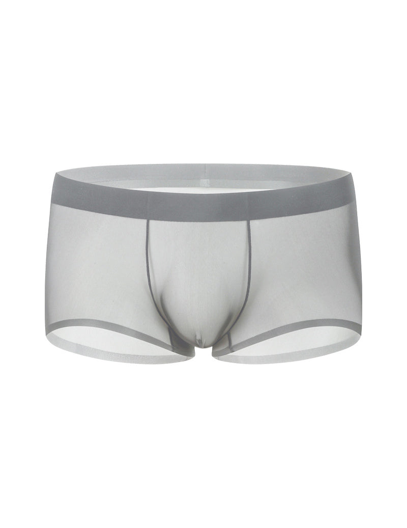 Men's ice-silk seamless boxer briefs, light gray, front view, sheer mesh panel