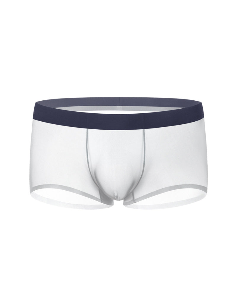 Men's ice-silk seamless boxer briefs, white, front view, dark waistband