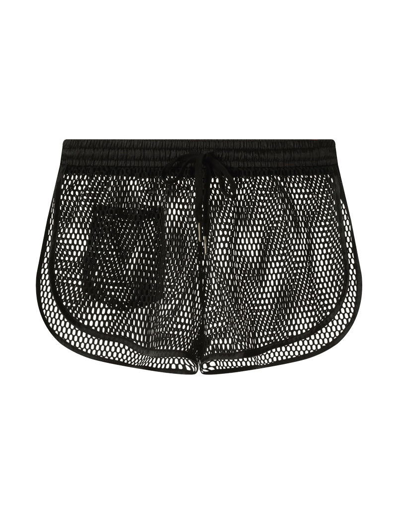 Men's black sheer mesh openwork boxer shorts, front view with drawstring and trim