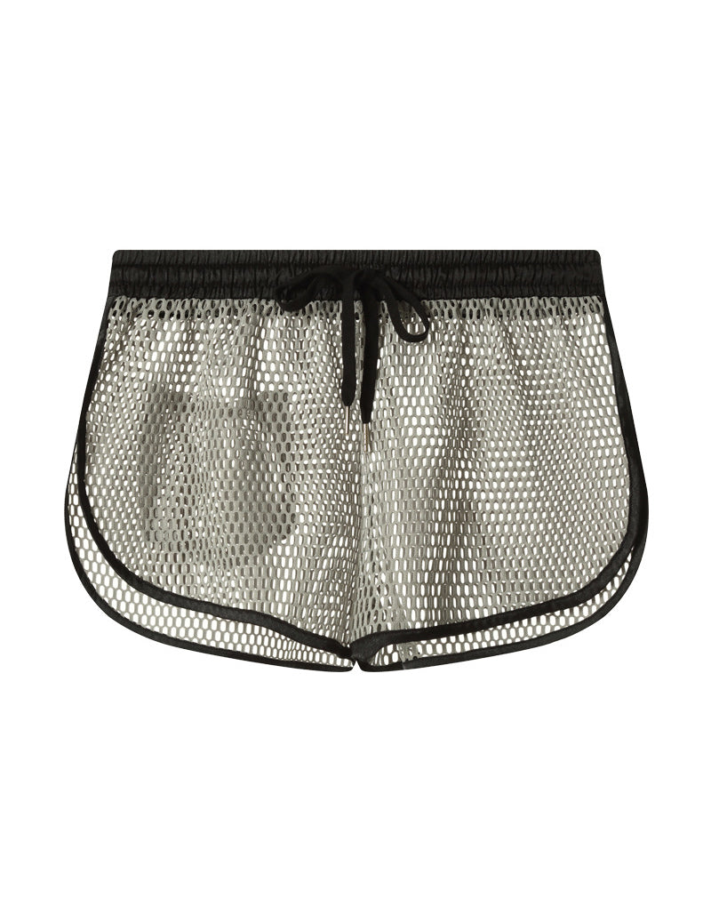 Men's white sheer mesh openwork boxer shorts with drawstring and black-trim hem