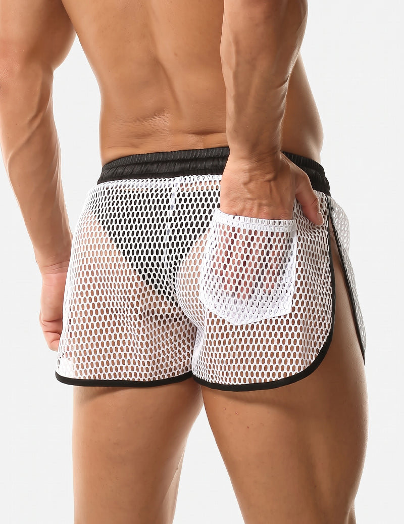 Men's white sheer mesh openwork boxer shorts with black elastic waistband and tie