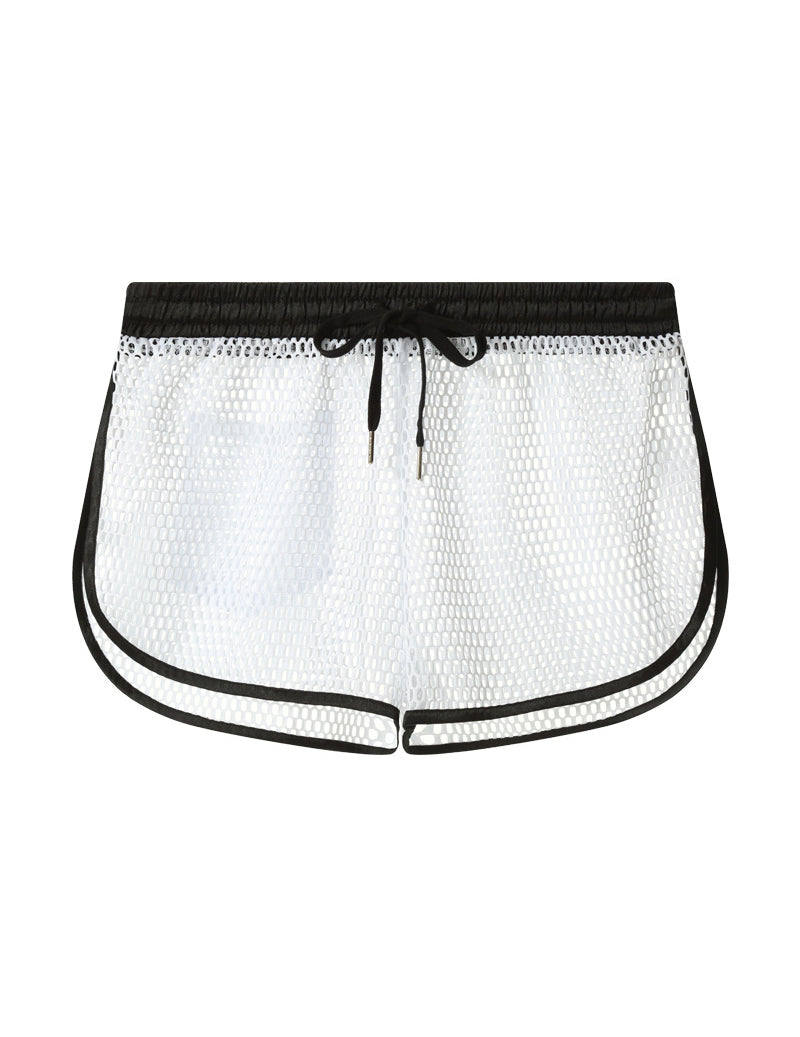 Men's white sheer mesh openwork boxer shorts, flat front view with drawstring and trim