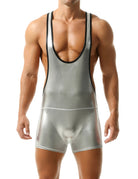 Men's metallic mesh sleeveless bodysuit, metallic silver/gray with short-leg fit