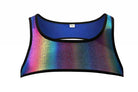 Rainbow multicolor sheer mesh racerback tank top with black edging, flat lay