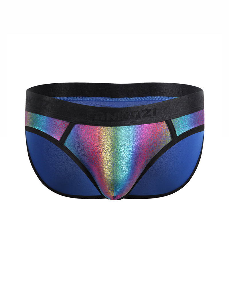 Men's low-rise multicolor briefs with rainbow colorblock front and black waistband