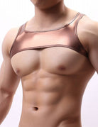 Men's shiny patent leather-style bronze tank vest and briefs, front close-up