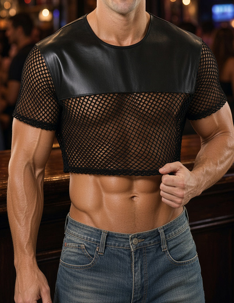 Men's black sheer mesh short-sleeve crop top with round neck and fishnet sleeves