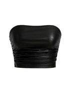 Black metallic sheen strapless crop top, straight back view with ruched detailing.