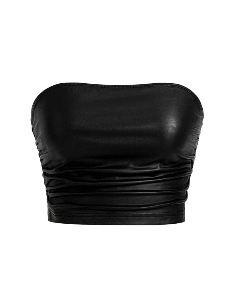 Black metallic sheen strapless crop top, straight back view with ruched detailing.