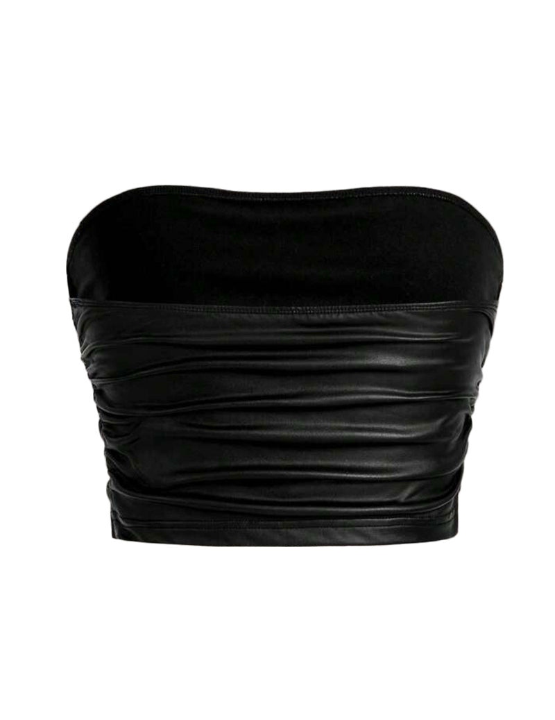 Black metallic sheen bandeau crop top with strapless neckline and gathered back.