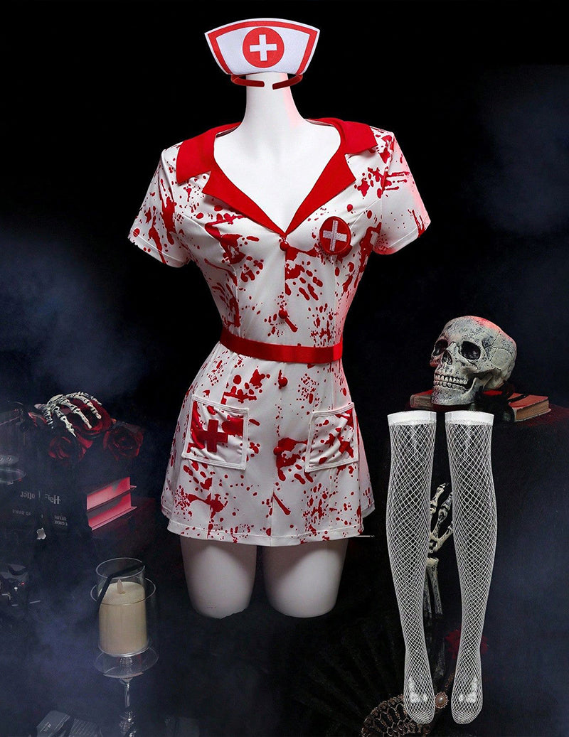 Mannequin white nurse dress with red splatter print, matching hat, fishnet stockings