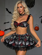 Black rose-and-skeleton print bra and mini skirt with scalloped lace edges