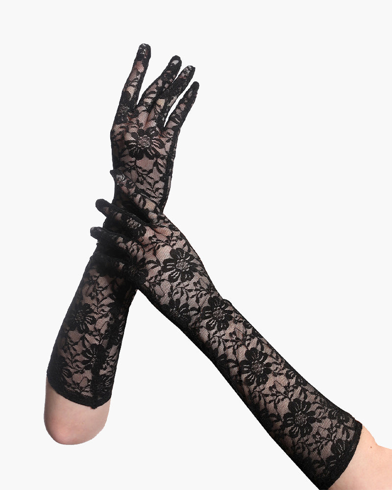 Black floral lace gloves, perfect for adding a touch of elegance. Long, stretchable and breathable.