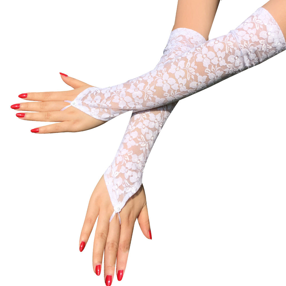 White lace fingerless gloves with floral design, adding elegance and style.