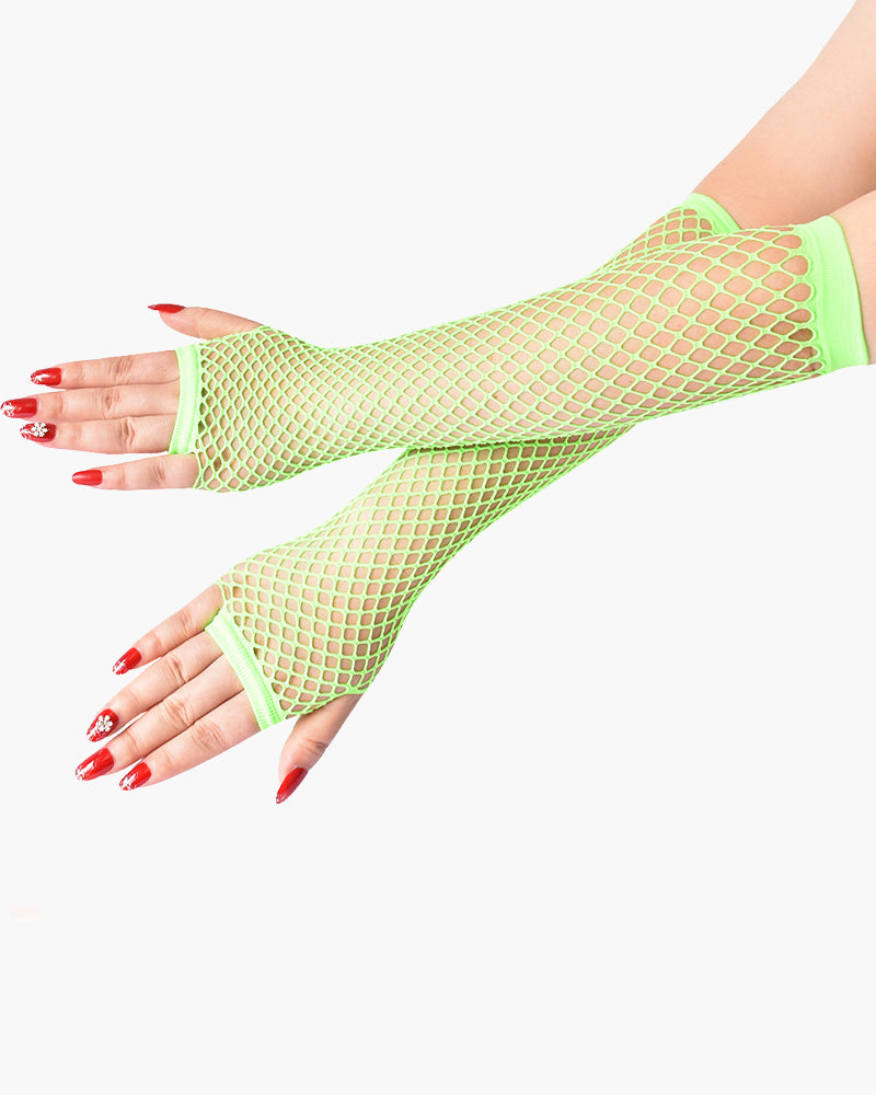 Neon green fishnet fingerless gloves, perfect for adding a touch of mystery to any outfit.