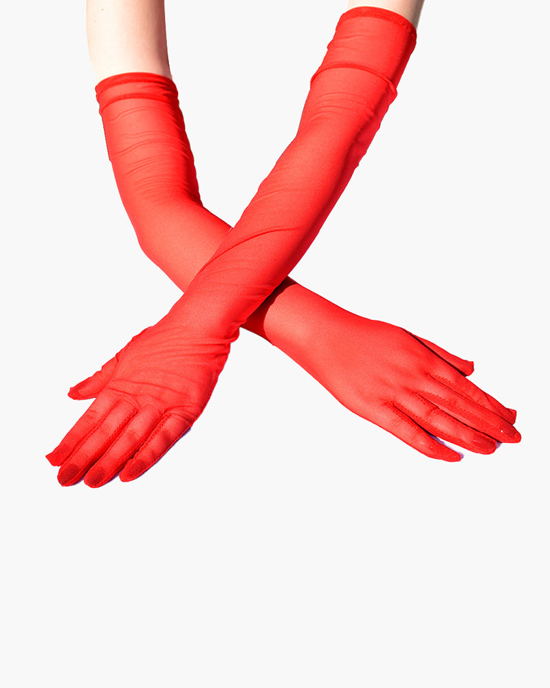 Red sheer elbow-length gloves. Adds elegance and mystery. Soft, stretchy, and breathable.