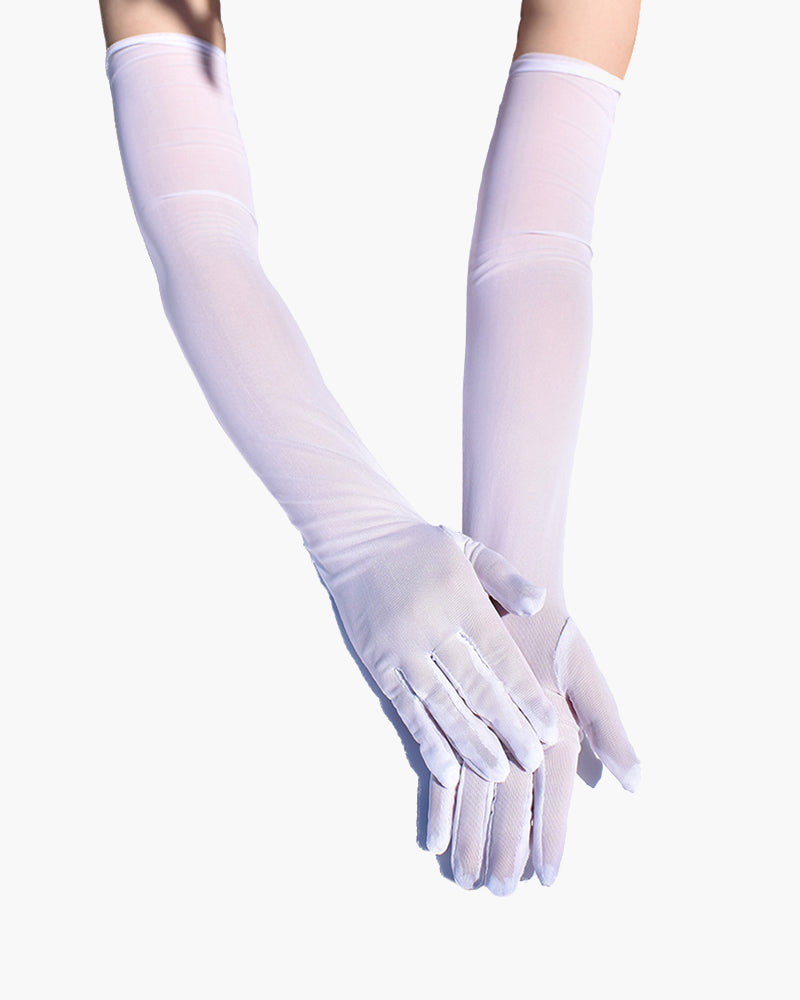 White sheer elbow-length gloves. Adds elegance and mystery. Soft, stretchy, and breathable.