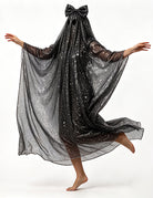 Black sequin ghost cape with large bow at the hood, flowing wide drape poncho