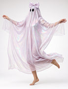 Iridescent light sequin ghost cape with bow hood, sheer flowing poncho with wide hem