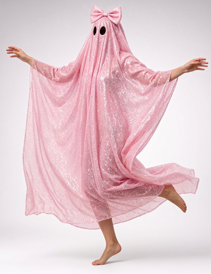 Pink sequin ghost cape with bow at the hood, flowing shimmer poncho with wide sleeves