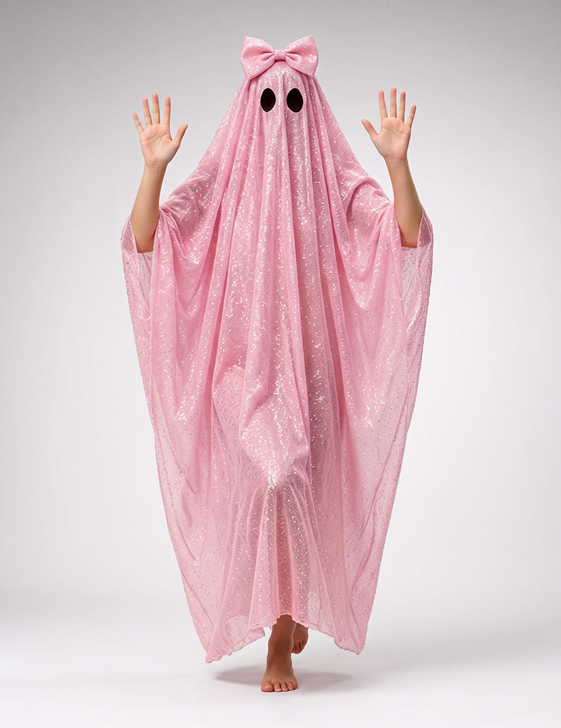 Light pink sequin ghost cape with bow hood and two black eye cutouts, draped poncho