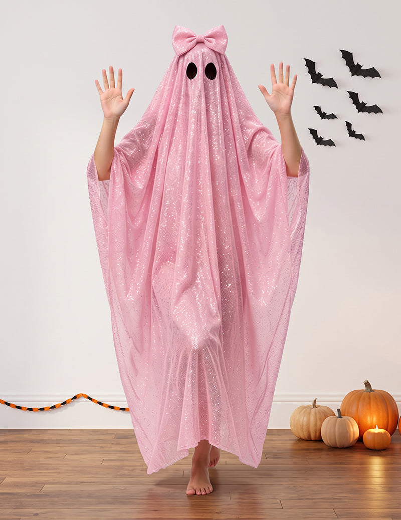 Pink sequin ghost cape with bow hood and two black eye cutouts, long flowing poncho