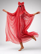 Red sequin ghost cape with bow hood, sparkling draped poncho with wide flowing hem