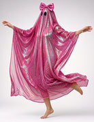 Magenta sequin ghost cape with bow hood, shimmering drape poncho with wide sleeves